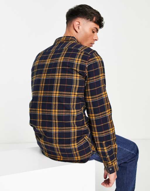 men's navy and mustard plaid shirt