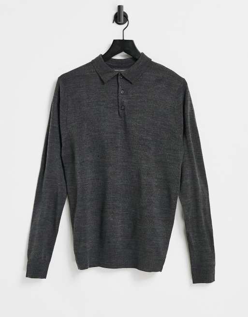 French Connection long sleeve polo in dark gray