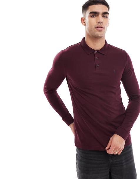 French Connection long sleeve polo shirt in burgundy - view 1