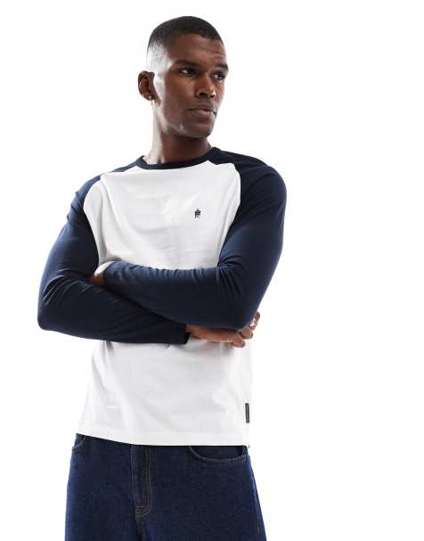 French Connection long sleeve raglan t-shirt in white and navy - view 1