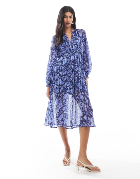 French Connection Long sleeve shirred floral midi dress in blue - view 1