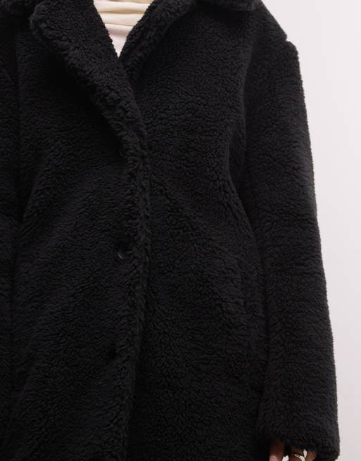 French Connection longline faux fur borg coat in black, 3 of 4