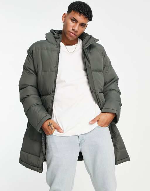 French Connection longline padded parka with hood in khaki | ASOS