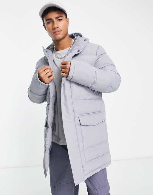 French Connection longline padded parka with hood in light gray