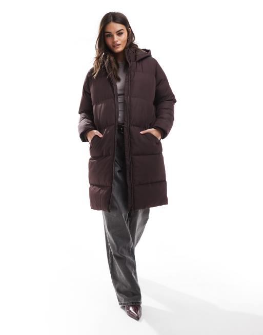 French Connection Longline Puffer Coat with Hood in Dark chocolate Brown