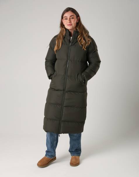 French Connection Longline quilted puffer jacket with hood in khaki