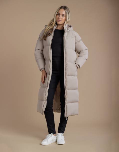 French Connection Longline quilted puffer jacket with hood in taupe - view 1