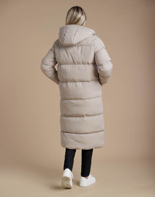 French Connection Longline quilted puffer jacket with hood in taupe, 2 of 4