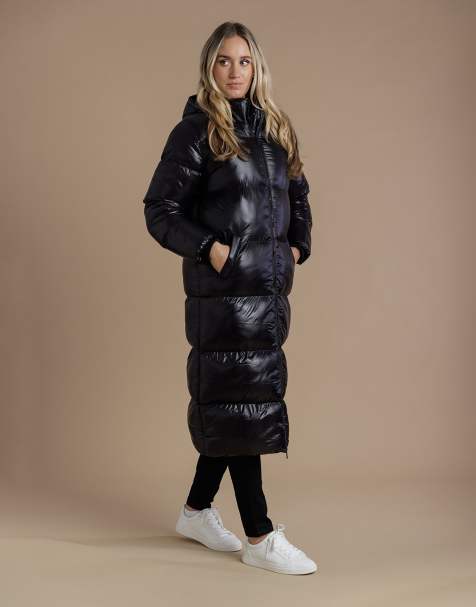 French Connection Longline quilted shine puffer jacket with hood in black - view 1