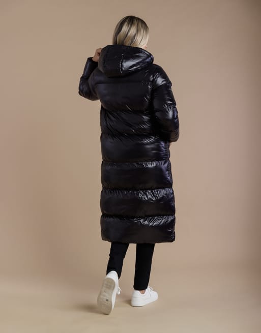 French Connection Longline quilted shine puffer jacket with hood in black, 2 of 4
