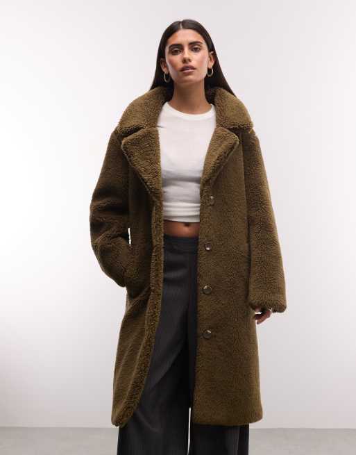 French Connection Longline-Teddy-Mantel aus Faux-Fur in Khaki, 4 von 4