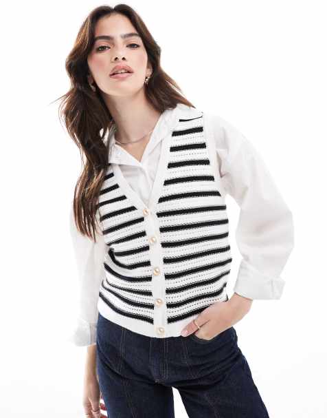 French Connection - Lumi - Gilet bianco a righe blu navy con scollo a V - view 1