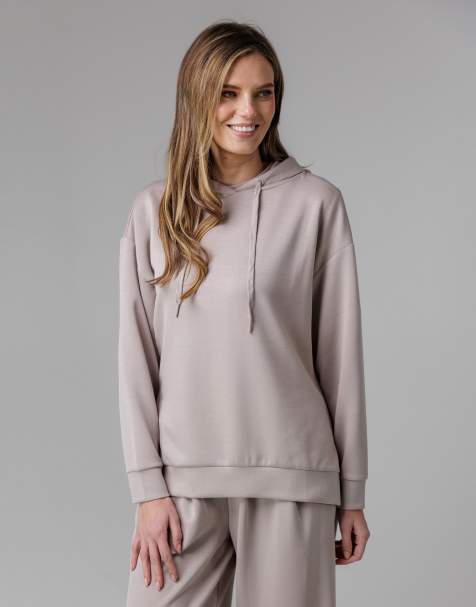 French Connection Luxe oversized drawcord hoody in beige - view 1