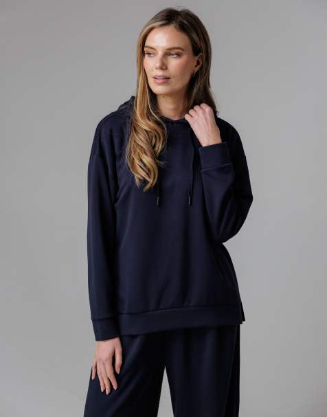 French Connection Luxe oversized drawcord hoody in navy - view 1