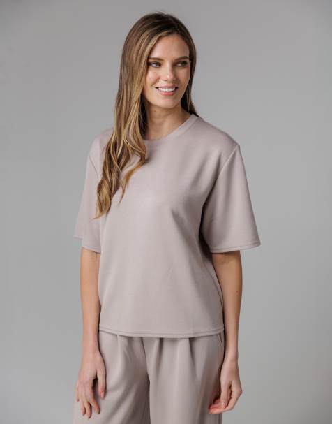 French Connection Luxe short sleeve crew neck pinched top in beige - view 1