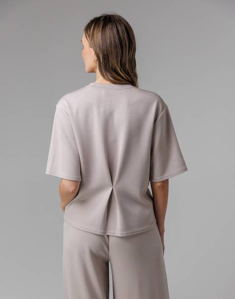 French Connection Luxe short sleeve crew neck pinched top in beige - view 1