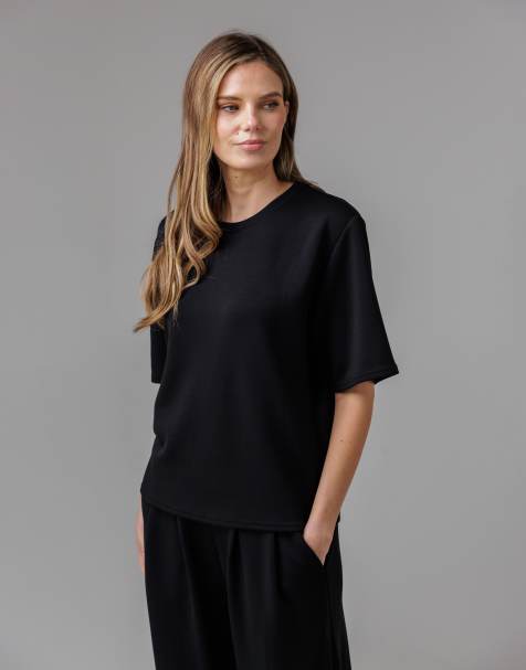 French Connection Luxe short sleeve crew neck pinched top in black - view 1