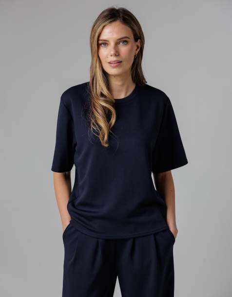 French Connection Luxe short sleeve crew neck pinched top in navy