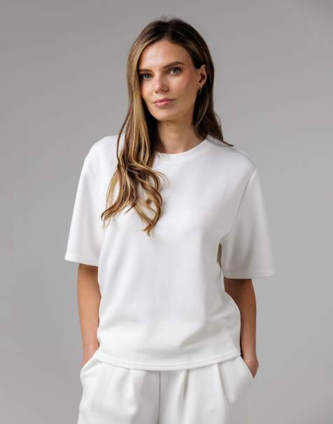 French Connection Luxe short sleeve crew neck pinched top in off white - view 1