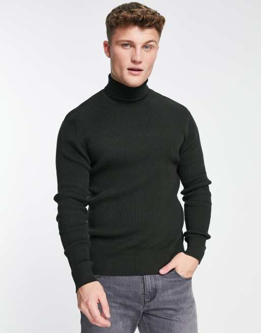 French Connection - Maglione con collo alto verde scuro a coste