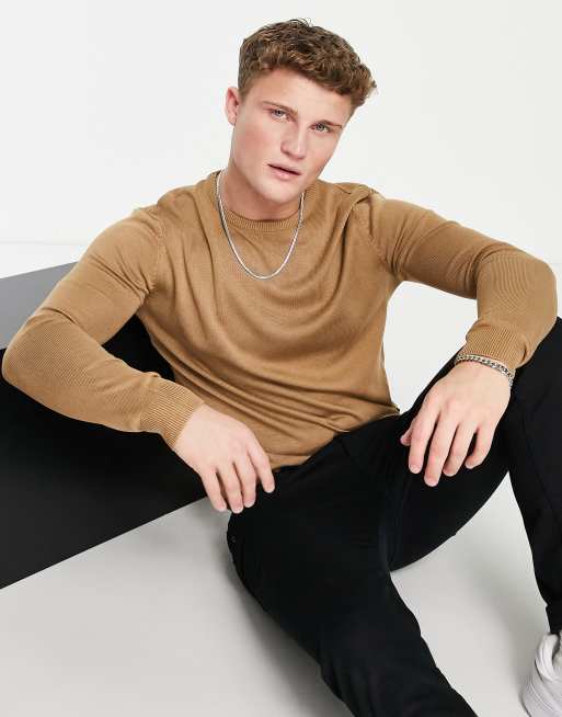 French Connection - Maglione girocollo elegante lavorato a maglia color cammello