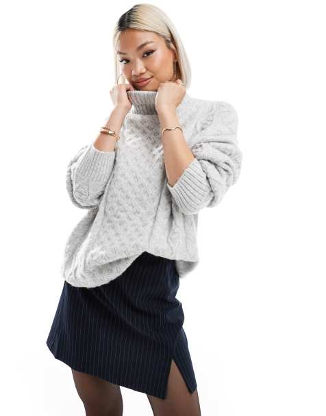 French Connection - Maglione lavorato a trecce a maniche lunghe grigio chiaro - view 1