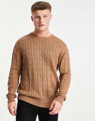 French Connection - Maglione lavorato a trecce color cammello con logo
