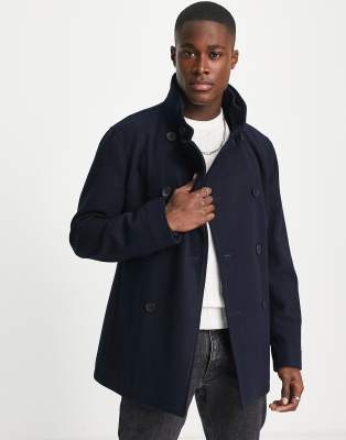 French Connection double breasted funnel neck coat in navy - ASOS Price Checker