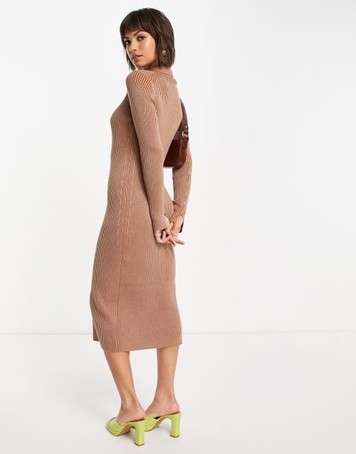 French Connection - Mari - Lange geplooide jurk met knopen in camel, 2 van 4