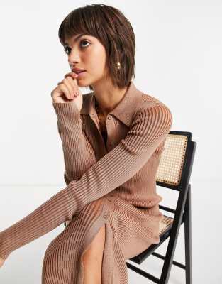 French Connection Mari pleated maxi cardi dress in camel - ASOS Price Checker