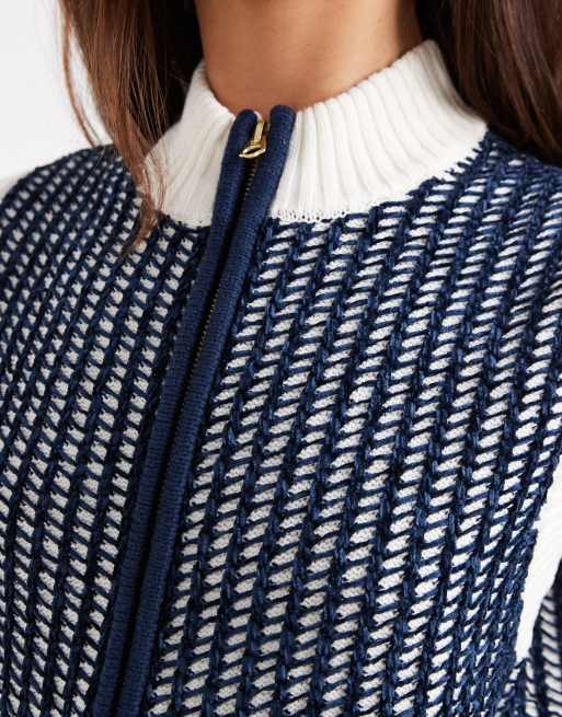French Connection - Marineblå og hvid strikket vest med lynlås og kontrasterende design, 3 af 4