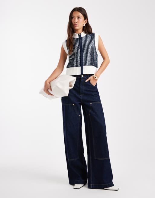 French Connection - Marineblå og hvid strikket vest med lynlås og kontrasterende design, 4 af 4
