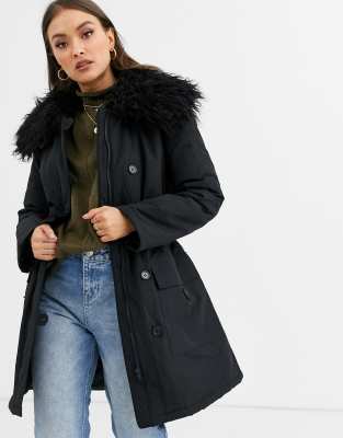 french connection waist belt quilted faux fur hooded jacket