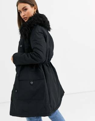 french connection waist belt quilted faux fur hooded jacket