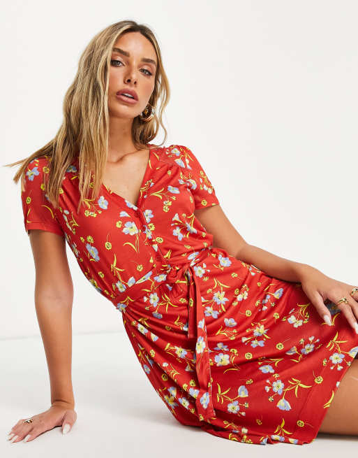 French Connection - Meadow - Robe courte à fleurs en jersey - Rouge, 4 de 4
