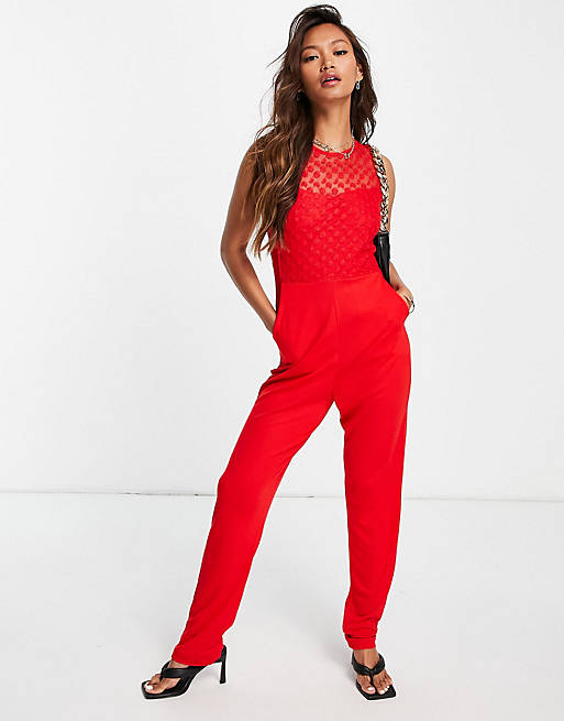 French Connection mesh detail jersey jumpsuit in red