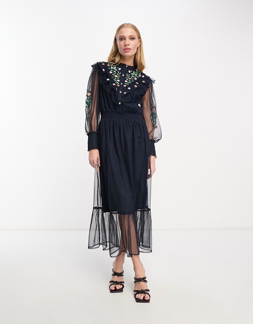 French Connection mesh maxi dress with embroidery in navy-Blue