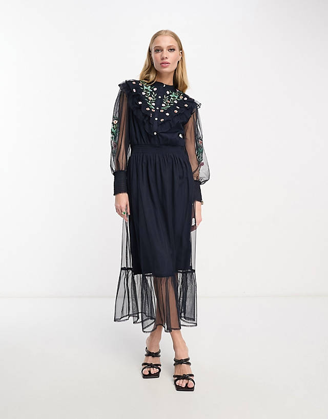 French Connection - mesh maxi dress with embroidery in navy