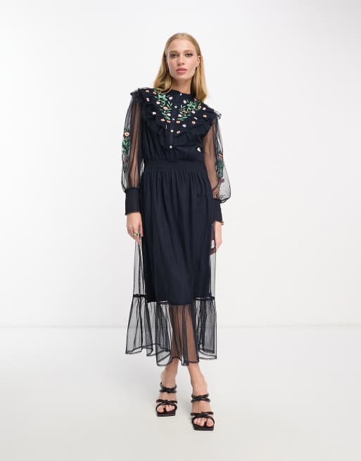 French Connection mesh maxi dress with embroidery in navy ASOS