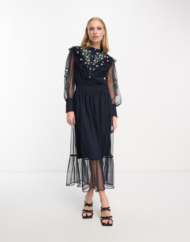 French Connection mesh maxi dress with embroidery in navy