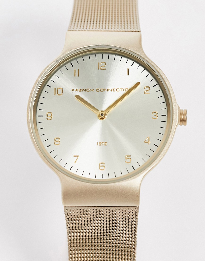 French Connection mesh strap watch in gold