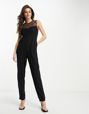 mesh upper jersey jumpsuit in black