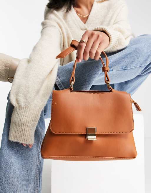 French Connection metal top handle bag in tan