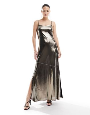 French Connection metallic maxi slip dress with split in gold lame