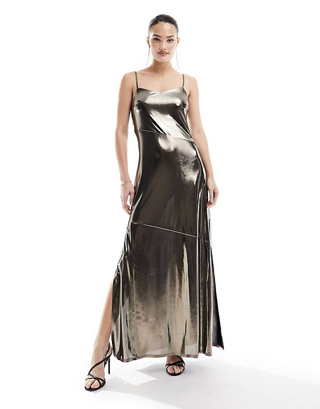 French Connection - metallic maxi slip dress with split in gold lame
