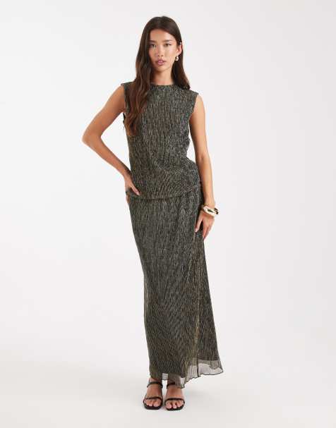 French Connection metallic plisse midaxi skirt co-ord in gold - view 1