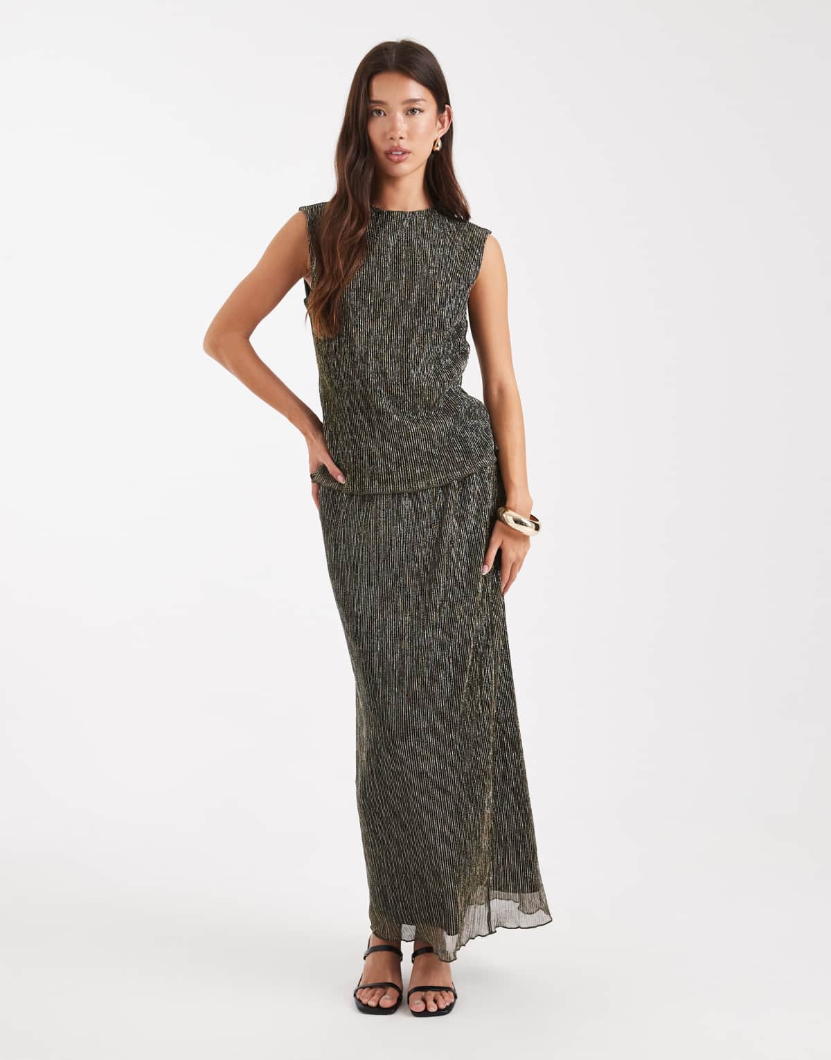 French Connection metallic plisse midaxi skirt co-ord in gold