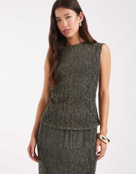 French Connection metallic plisse sleeveless top co-ord in gold - view 1