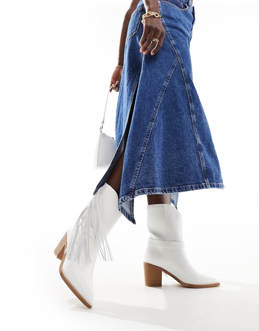 French Connection mid leg fringe western boots in white