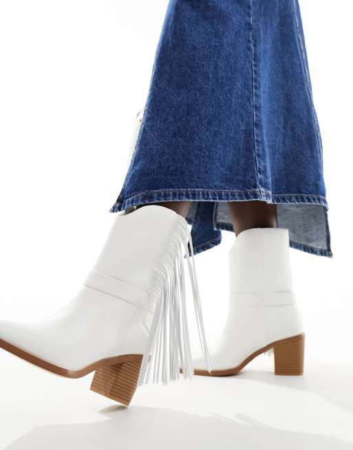 French Connection mid leg fringe western boots in white ASOS